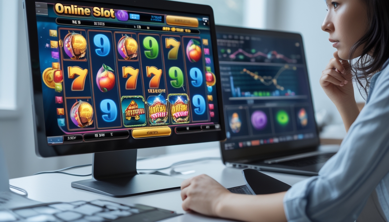 Seorang pria duduk di depan komputer yang menampilkan permainan slot online, tampak fokus dan sedang menganalisis strategi bermain.