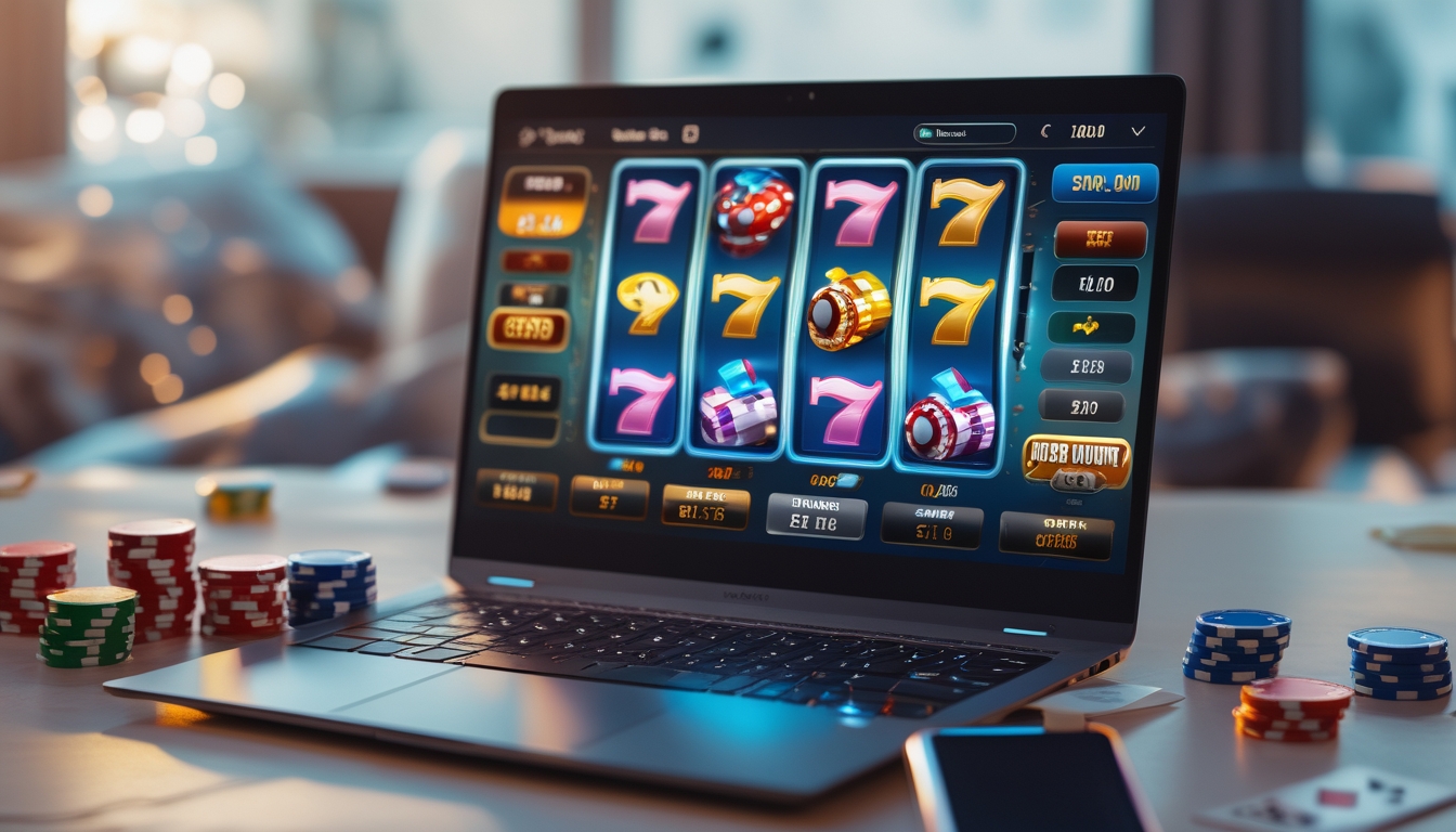 Seorang pemain menggunakan laptop dengan tampilan permainan slot online dan beberapa chip poker serta kartu di meja.