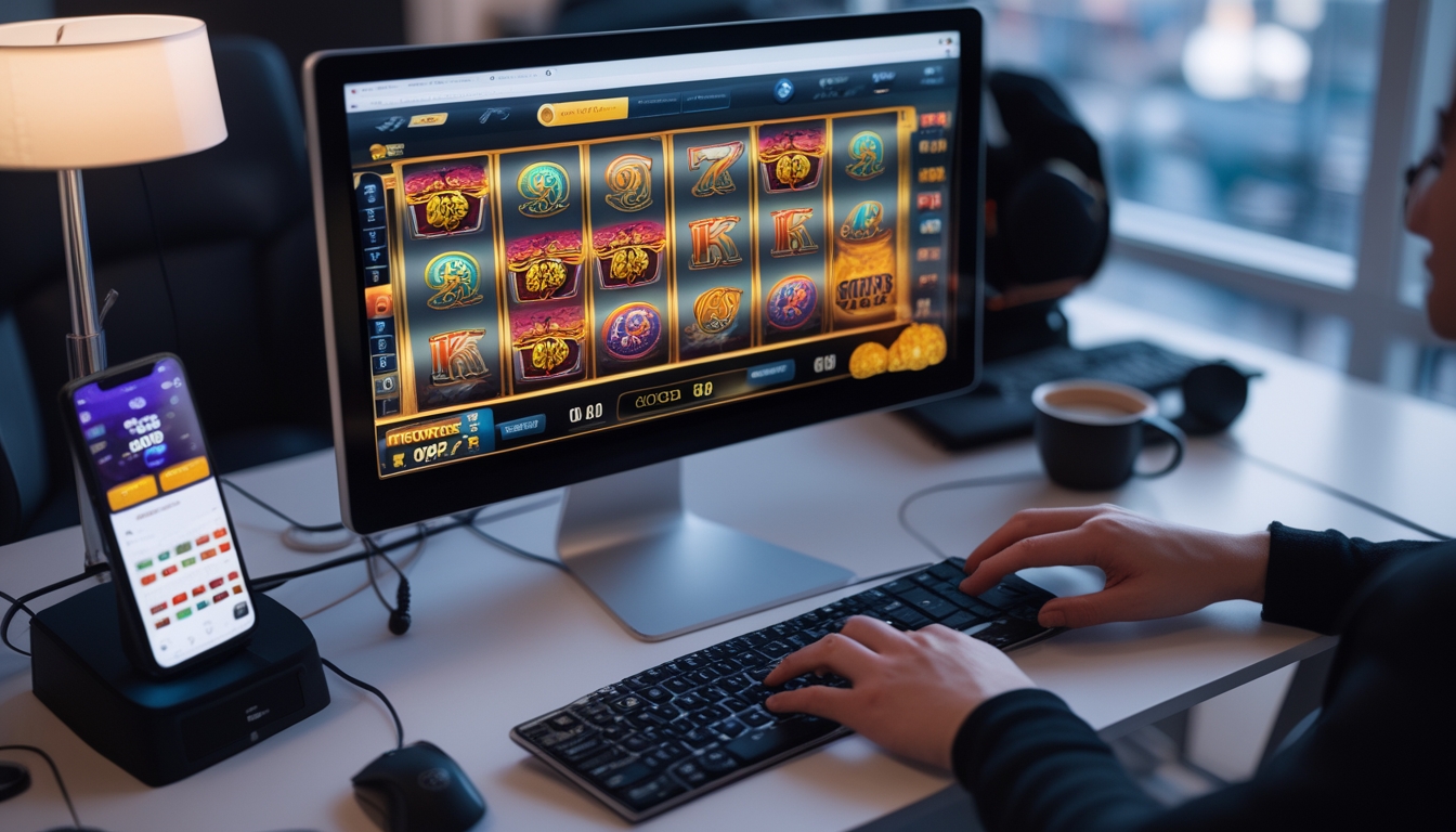 Seorang pengguna bermain permainan slot online di komputer di sebuah meja kerja yang rapi dengan perangkat teknologi modern.