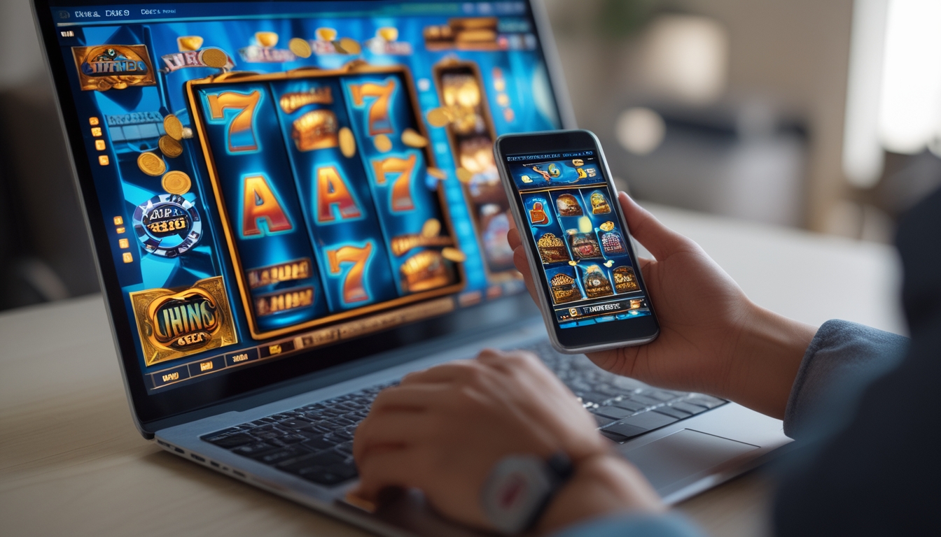 Seseorang menggunakan laptop dan smartphone dengan layar menampilkan permainan mesin slot online yang berwarna-warni dan menarik.