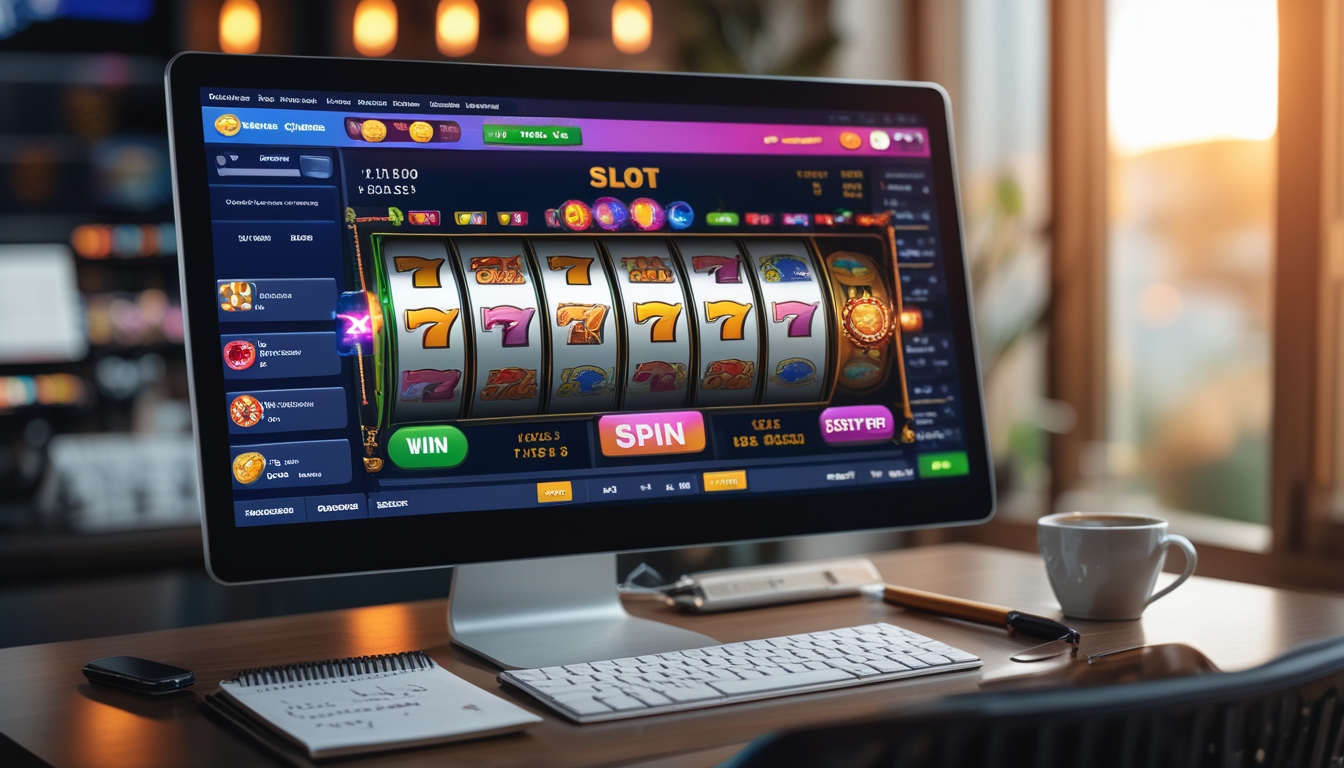 Seorang pria duduk di depan komputer yang menampilkan permainan mesin slot online dengan simbol warna-warni, di meja terdapat catatan dan pena.