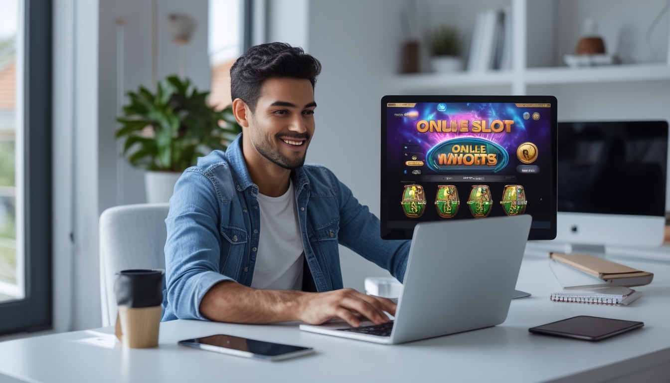 Seorang pria muda duduk di meja dengan laptop yang menampilkan permainan slot online, di ruang kerja yang terang dan rapi.