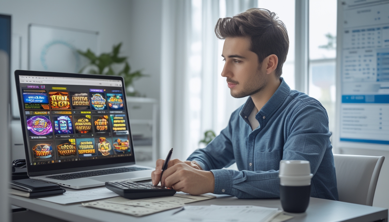 Seorang pria muda duduk di meja kerja dengan laptop yang menampilkan permainan slot online, dikelilingi dokumen keuangan dan alat tulis, sedang fokus menganalisis data.