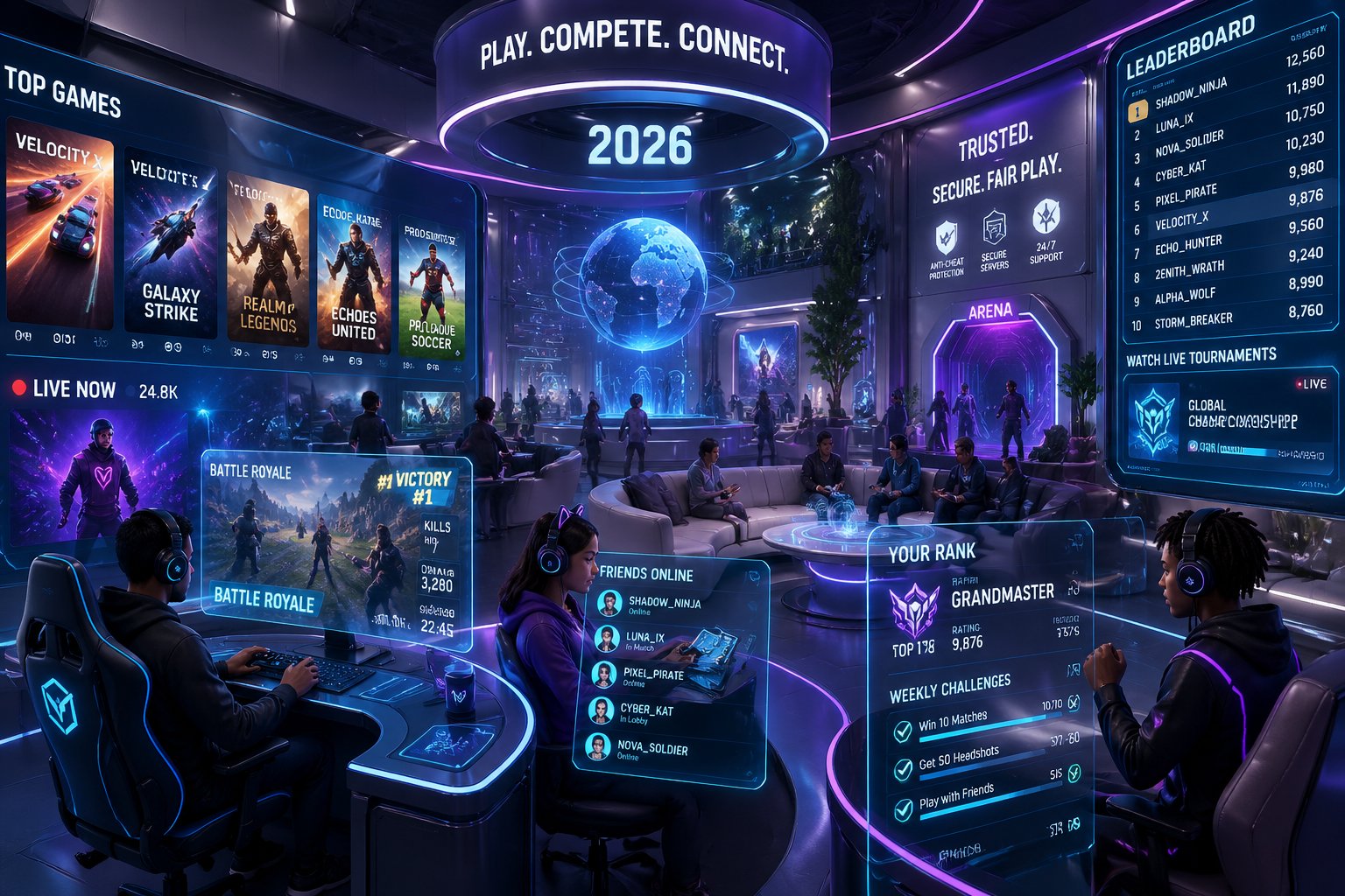 Suasana arena game online futuristik dengan pemain yang sedang bermain, area lounge nyaman, dan layar holografik yang menampilkan statistik permainan.
