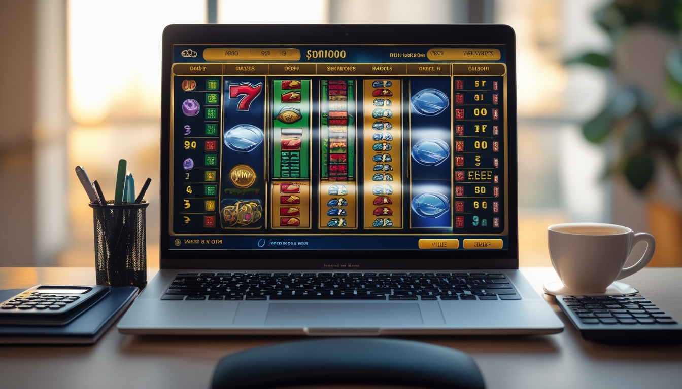 Seorang pria duduk di depan komputer dengan layar menampilkan permainan slot online, di meja terdapat buku catatan, kalkulator, dan secangkir kopi.