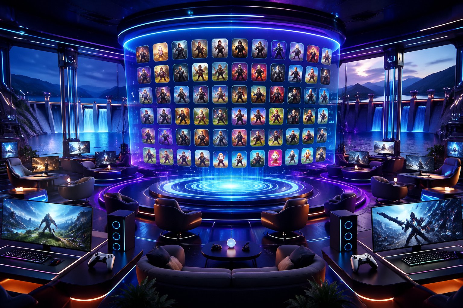 Pemandangan 3D dari arena game digital dengan lampu neon dan ikon permainan yang beragam, menampilkan suasana nyaman dan terpercaya untuk bermain game online.
