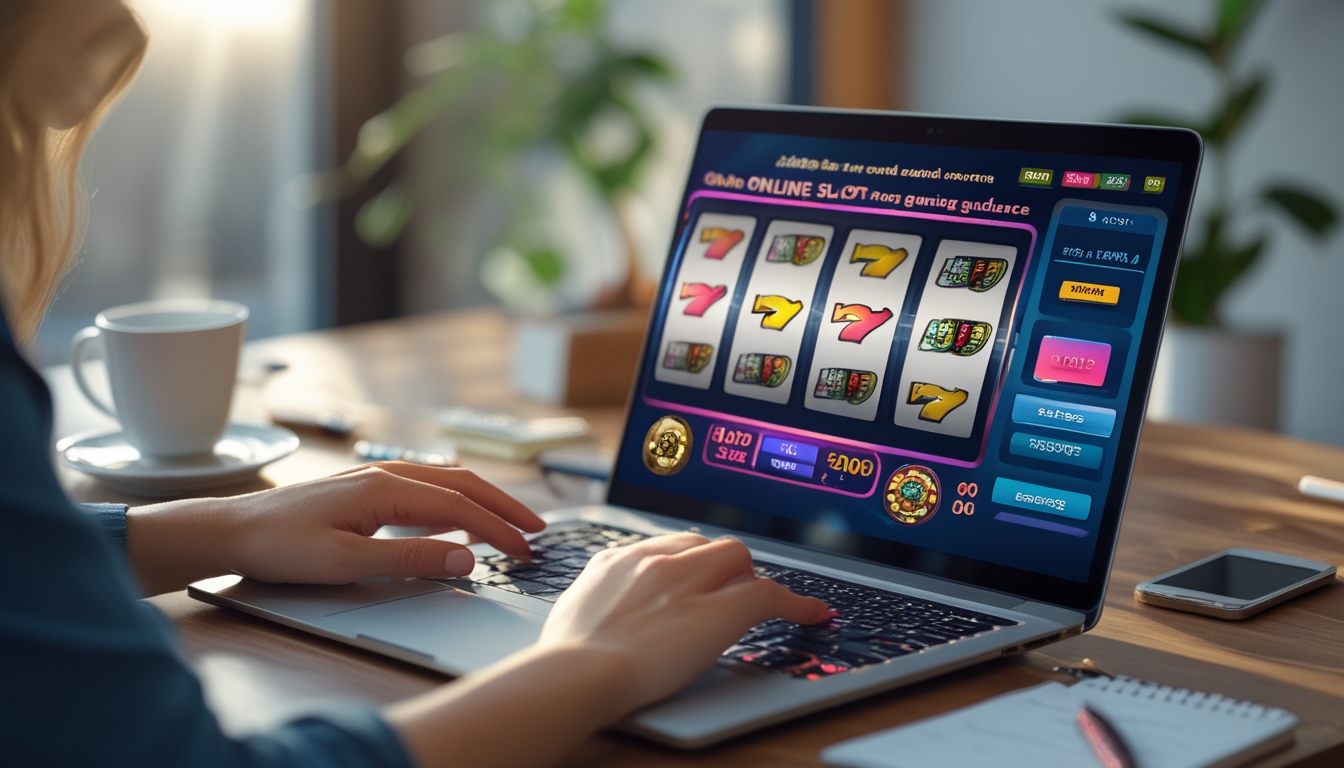 Seseorang sedang menggunakan laptop dengan tampilan permainan slot online, di meja terdapat catatan dan kopi, suasana fokus dan teratur.