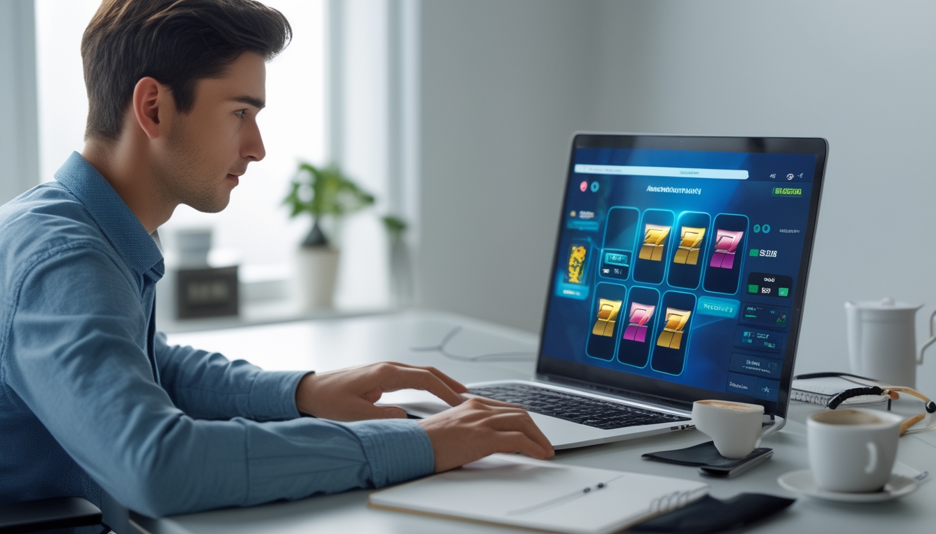 Seorang pria muda sedang duduk di meja dengan laptop, fokus bermain permainan slot online di ruang kerja yang terang dan rapi.