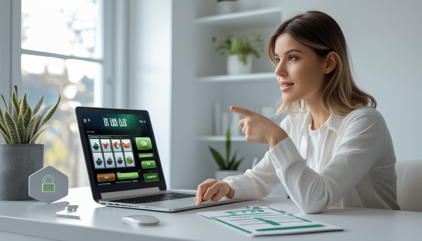 Seorang wanita muda duduk di meja dengan laptop terbuka menampilkan permainan slot, menunjukkan tanda keamanan dan kepercayaan di sekitarnya.