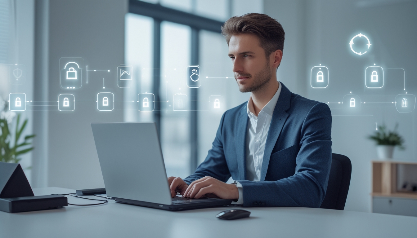Seseorang duduk di meja kantor modern menggunakan laptop dengan latar belakang ikon keamanan digital, menunjukkan aktivitas memilih situs slot online yang terpercaya.