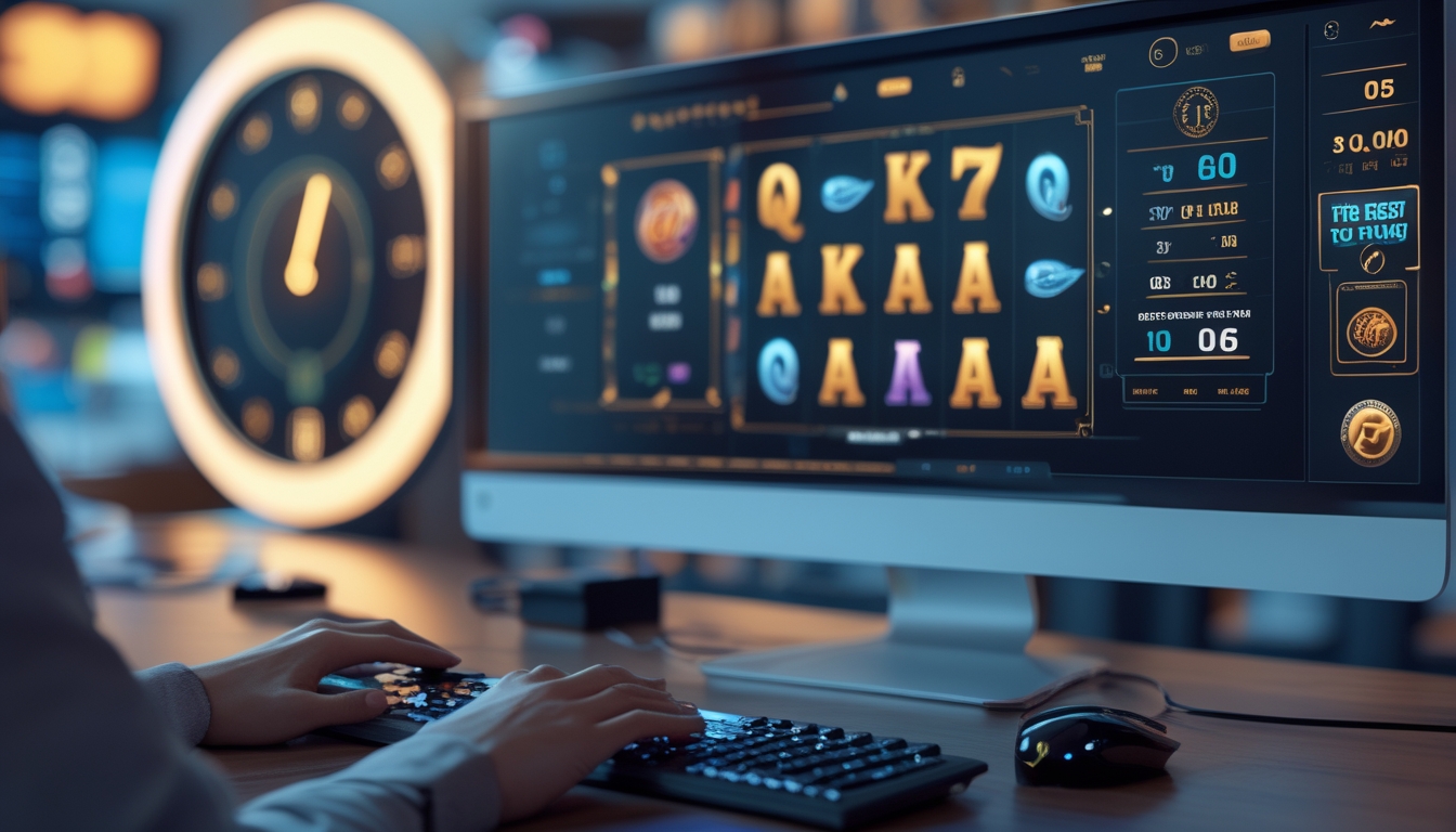 Seseorang bermain permainan slot online di depan komputer dengan suasana ruangan yang terang dan nyaman.