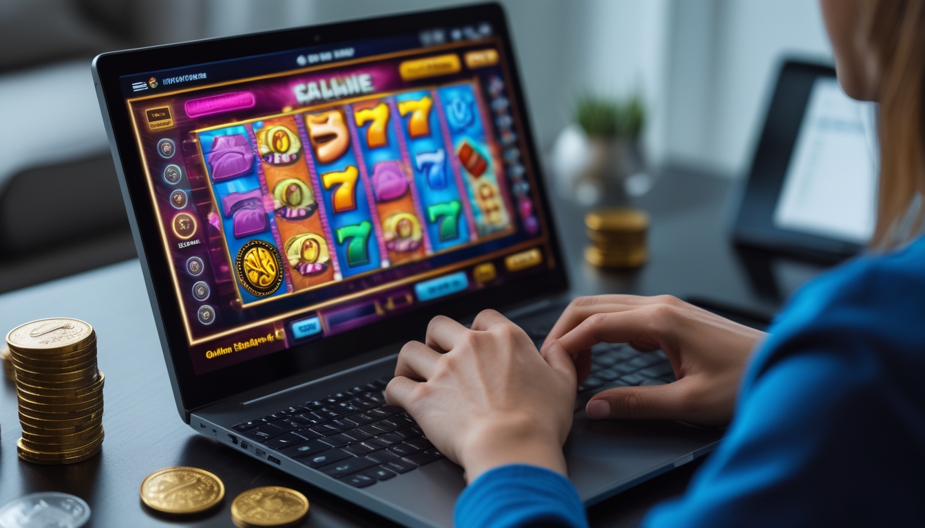 Seseorang bermain permainan slot online di komputer dengan latar ruangan yang nyaman dan terang.