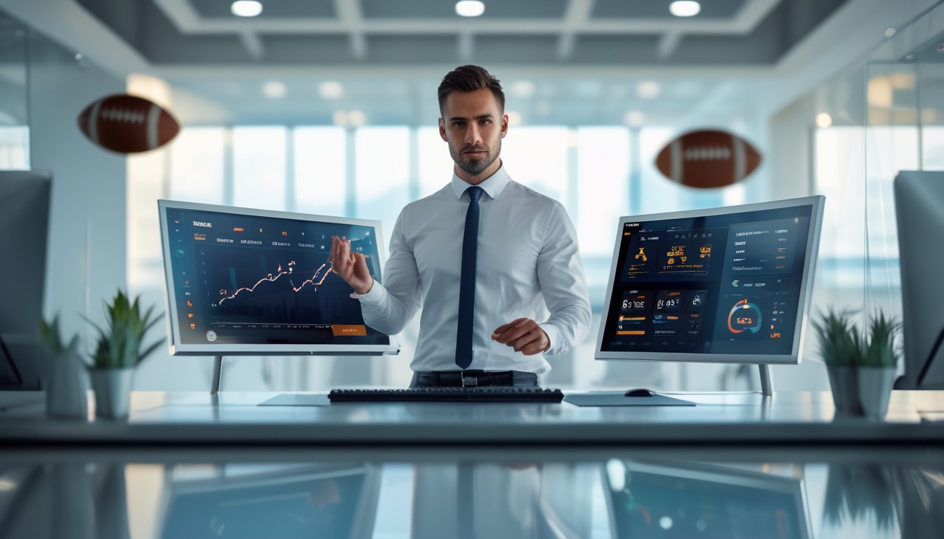 Seorang pria bisnis sedang menganalisis data taruhan olahraga di kantor modern dengan layar digital dan latar belakang stadion sepak bola.