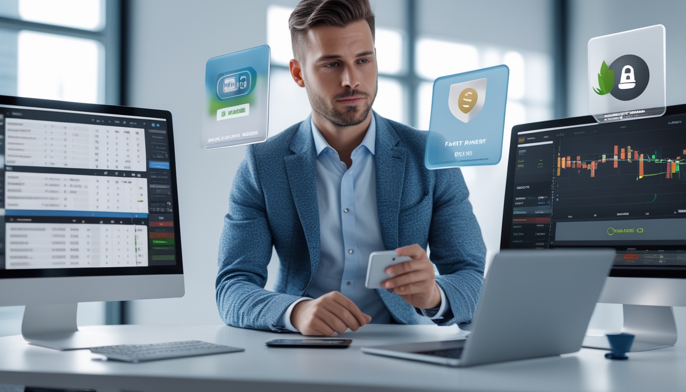 Seorang pria fokus melihat data taruhan sepak bola di beberapa layar komputer di kantor modern.