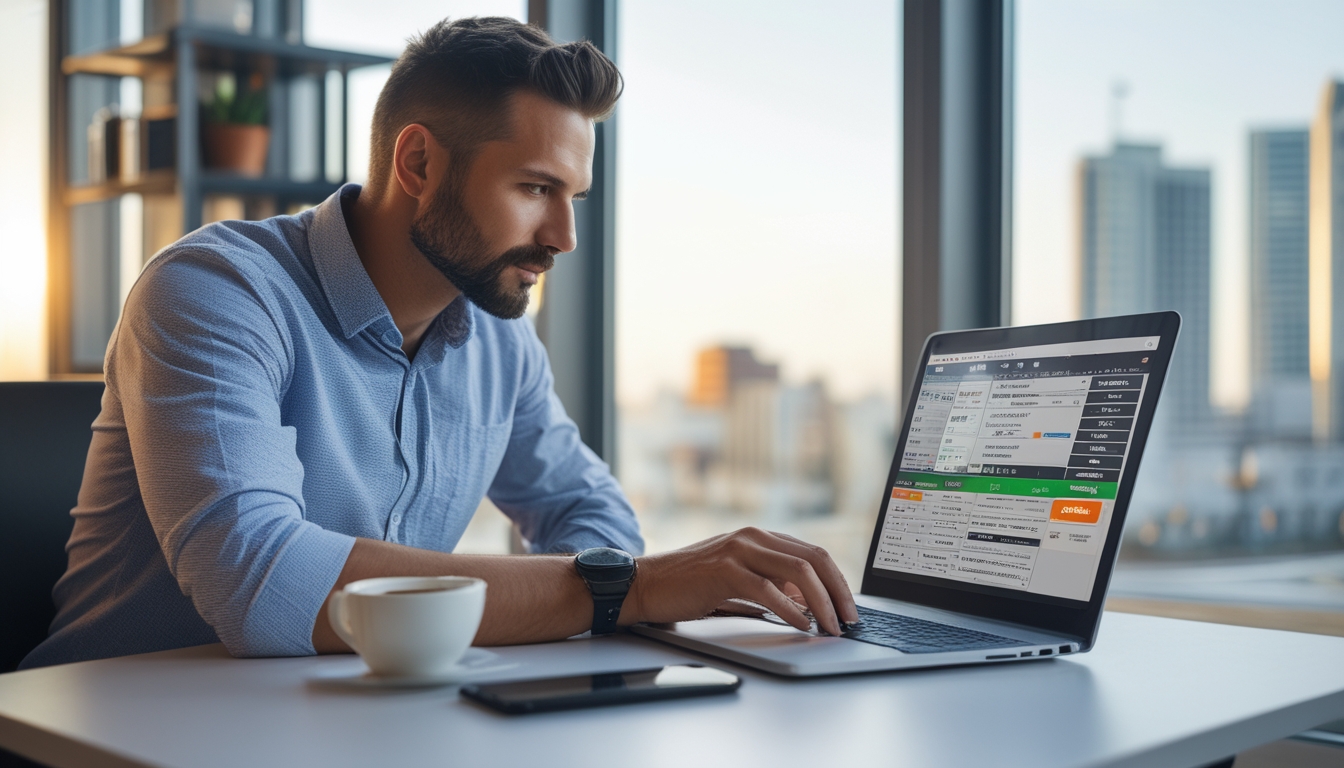 Seorang pria duduk di meja kantor modern sambil melihat layar laptop dengan fokus, di latar belakang terdapat jendela besar yang memperlihatkan pemandangan kota.