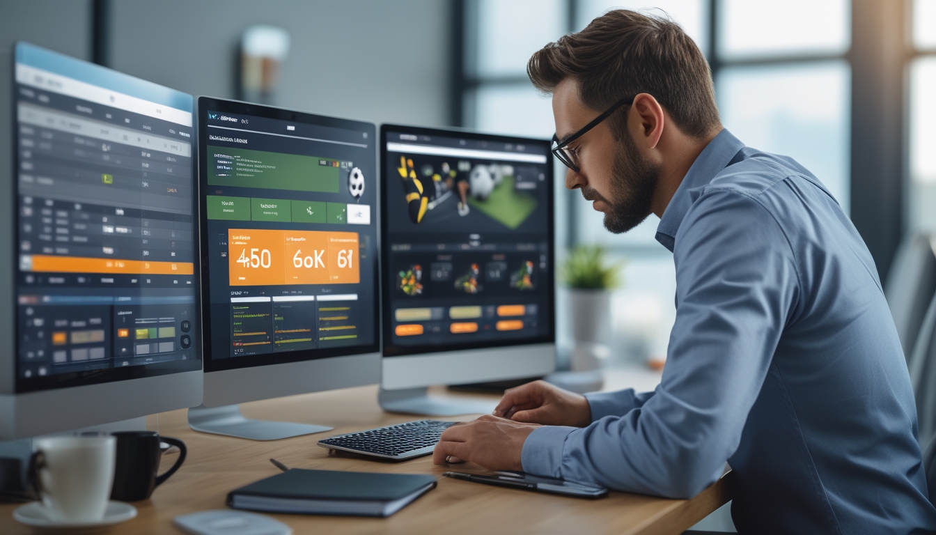 Seorang pria sedang menganalisis data taruhan bola di depan beberapa layar komputer di kantor modern.