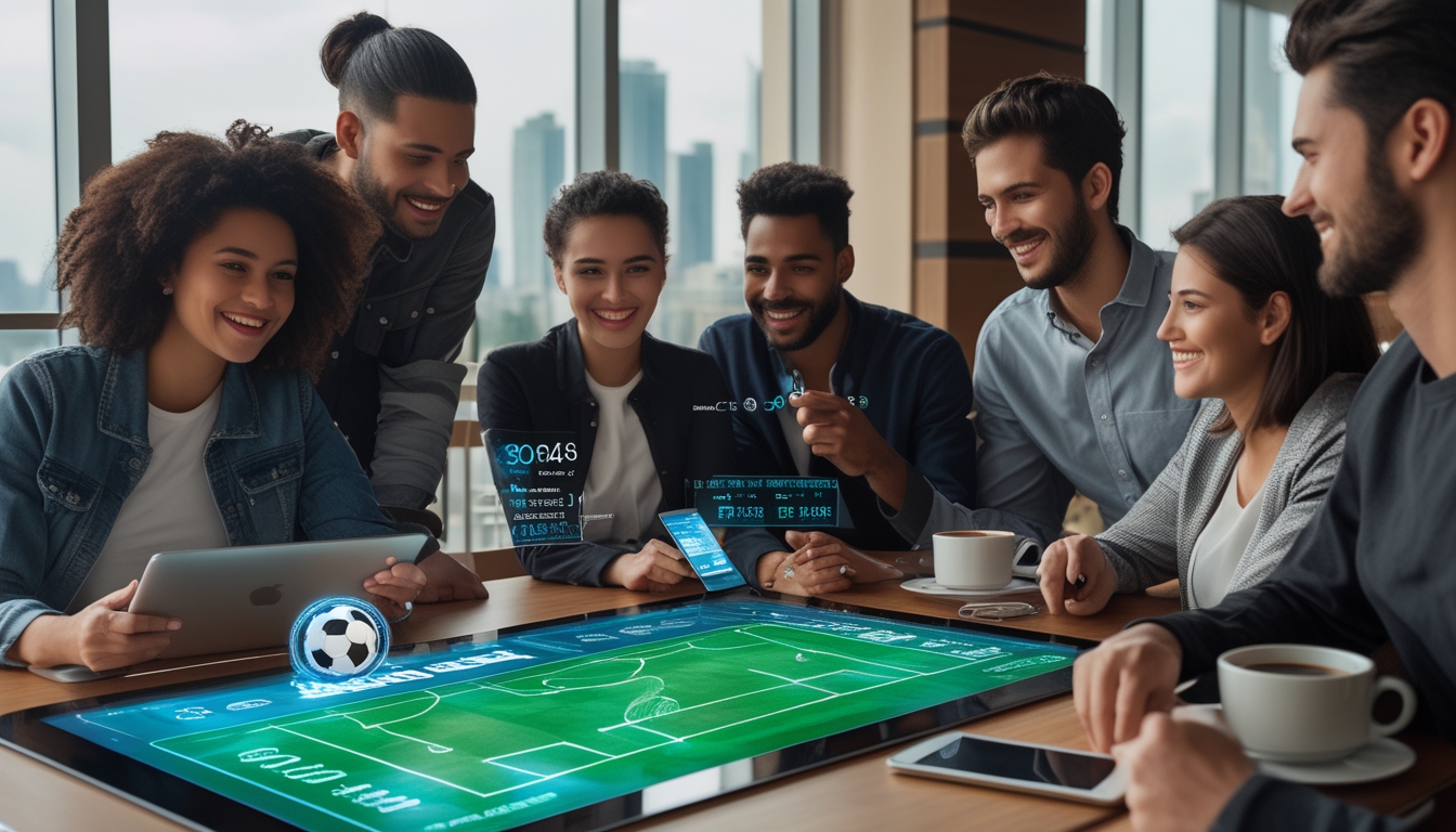 Sekelompok orang muda berkumpul di ruang santai dengan layar digital menampilkan statistik pertandingan sepak bola, mereka sedang berdiskusi dan menggunakan perangkat elektronik.