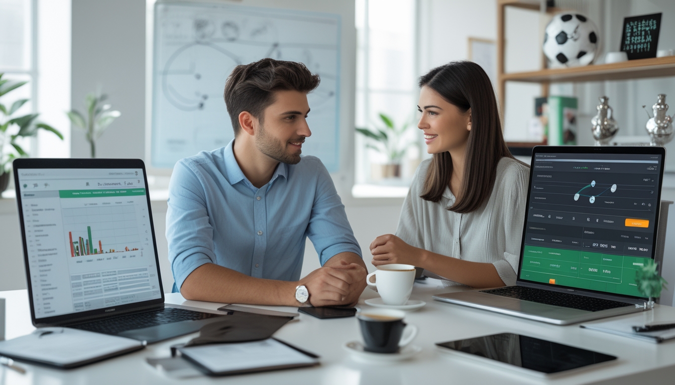 Dua orang muda duduk di meja kerja dengan perangkat digital, berdiskusi tentang taruhan sepak bola online yang terpercaya.