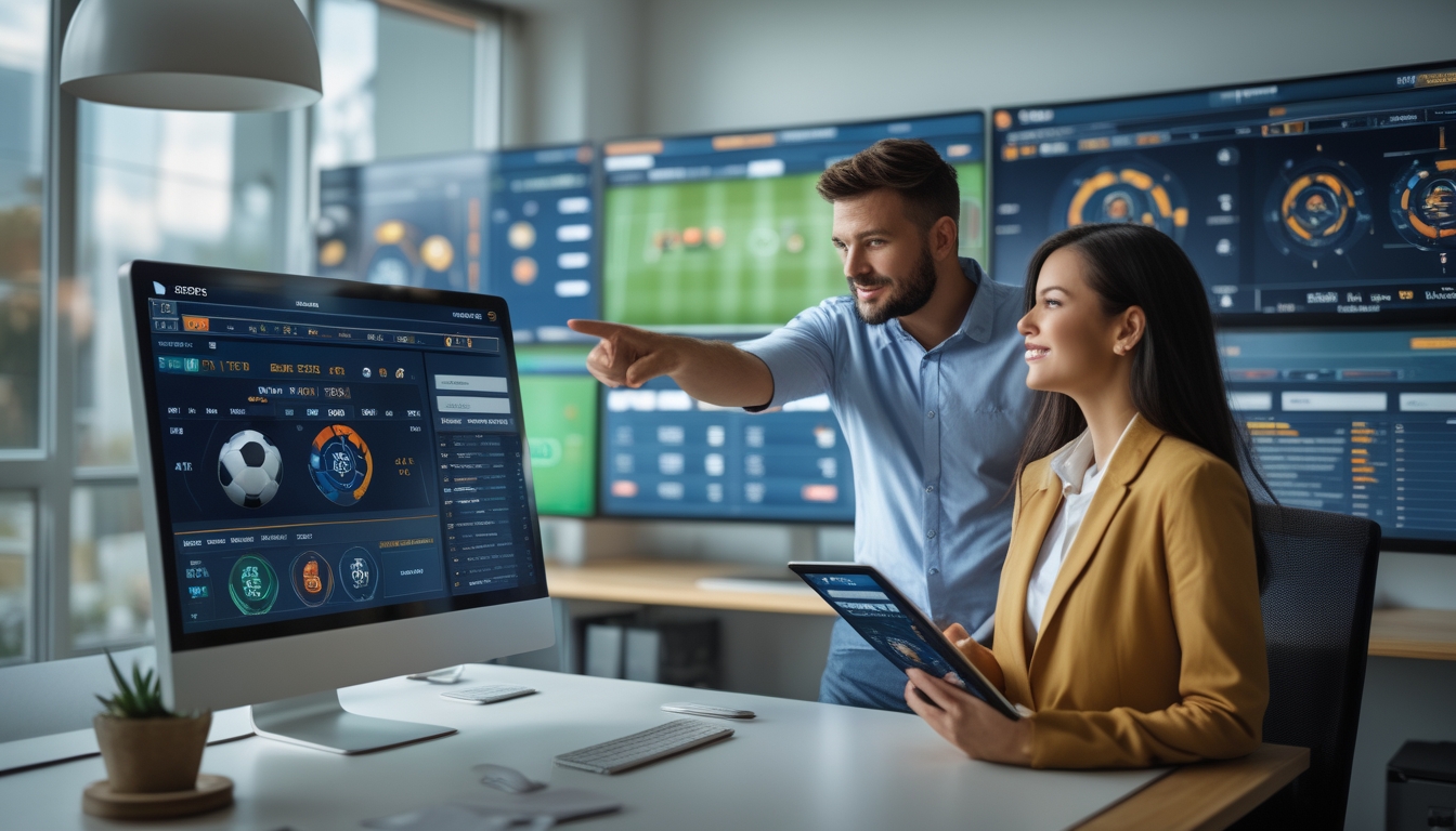 Seorang pria dan wanita di kantor modern sedang melihat layar besar yang menampilkan statistik pertandingan sepak bola dan peluang taruhan.