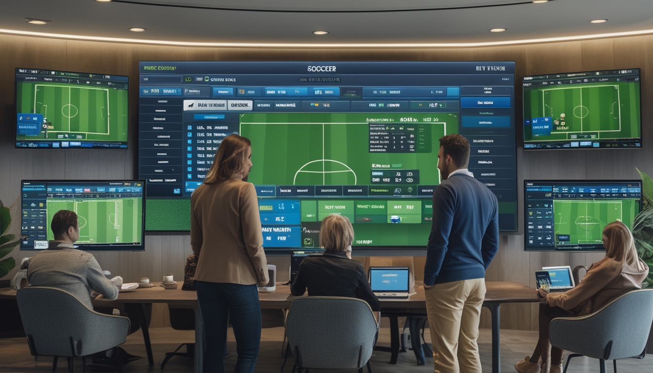 Beberapa orang sedang melihat layar besar yang menampilkan statistik dan opsi taruhan sepak bola dalam ruangan modern.
