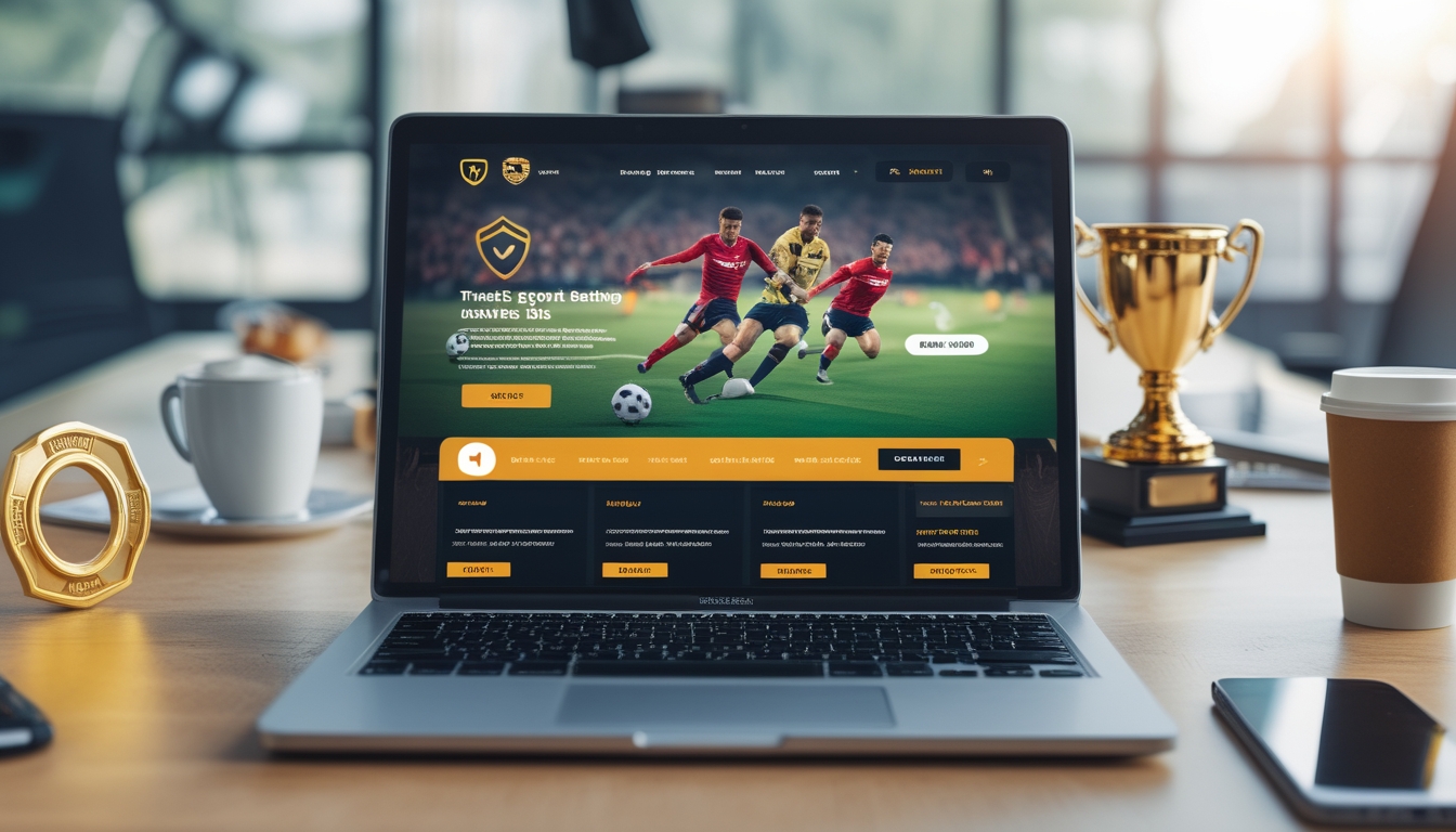 Meja kerja modern dengan laptop yang menampilkan situs taruhan bola online, dikelilingi oleh simbol keamanan dan trofi, di dalam ruangan kantor yang terang dan rapi.