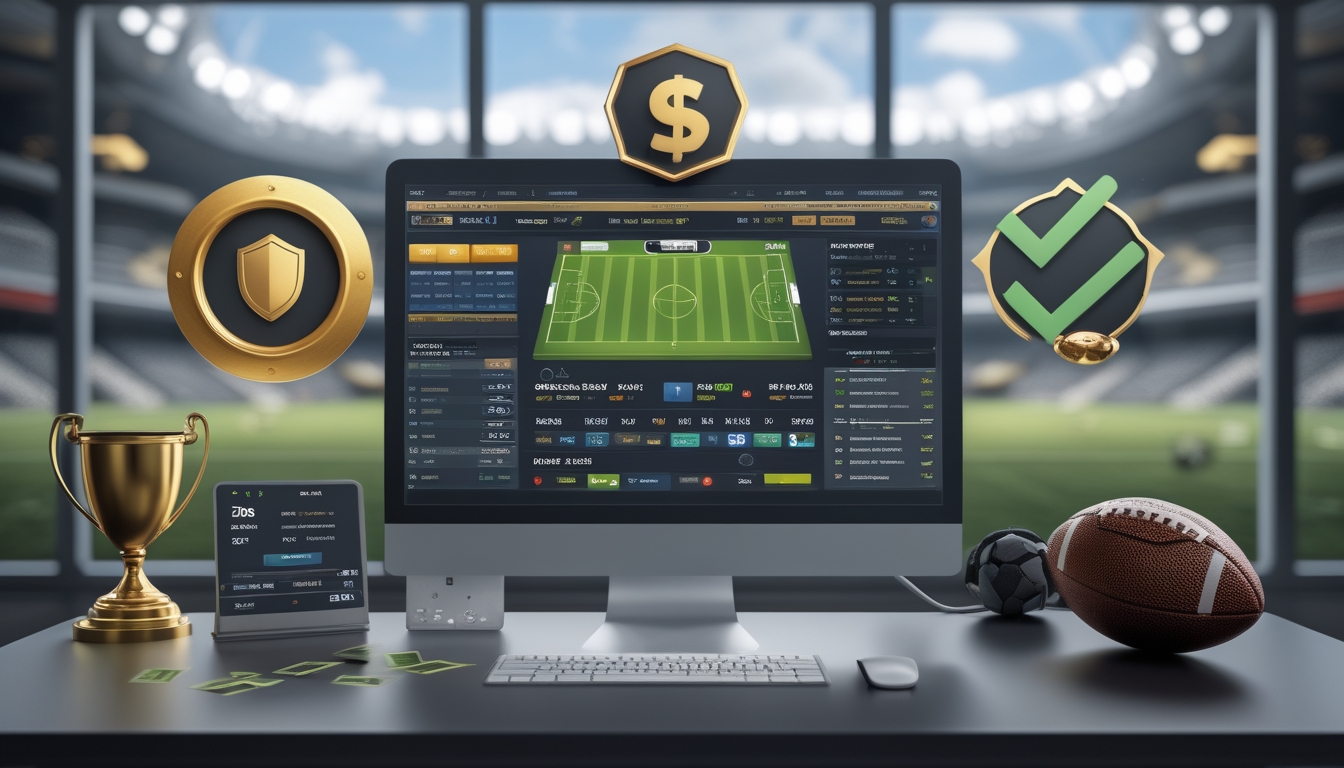 Meja kerja modern dengan komputer yang menampilkan antarmuka taruhan sepak bola dan simbol kepercayaan seperti perisai dan trofi.