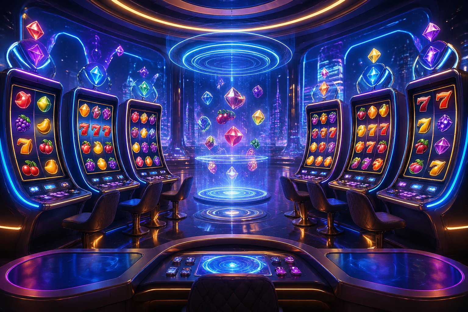 Suasana kasino online futuristik dengan mesin slot berwarna-warni dan lampu neon yang menyala, menciptakan suasana nyaman dan menyenangkan.