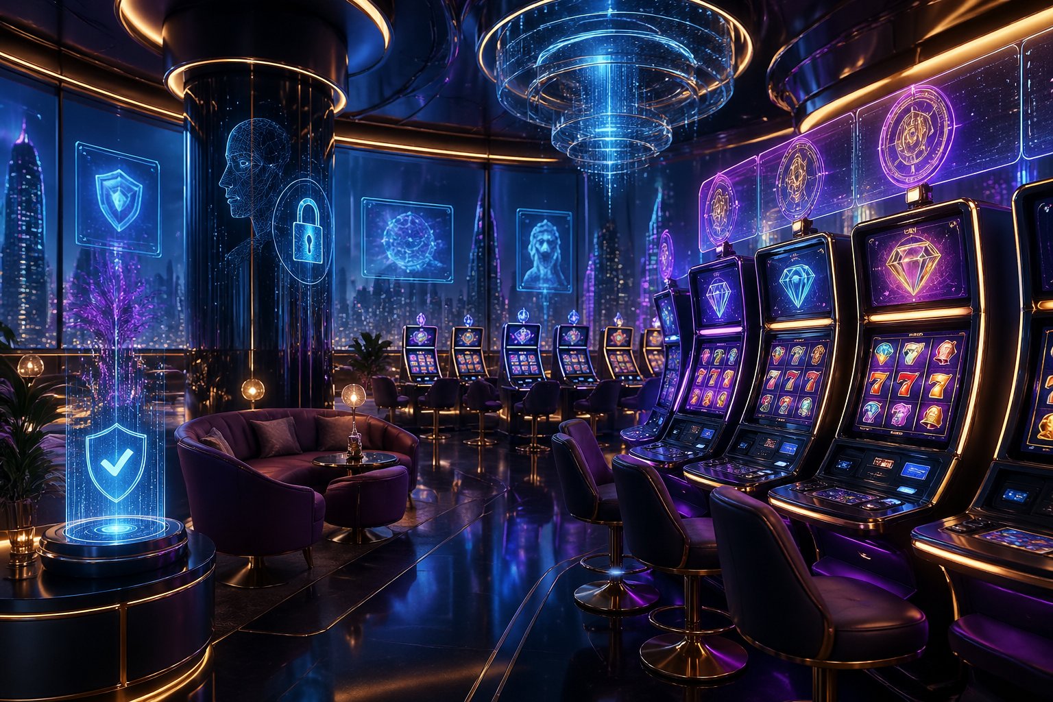 Pemandangan ruang permainan slot online futuristik dengan mesin slot bercahaya dan area lounge nyaman di latar belakang kota modern.