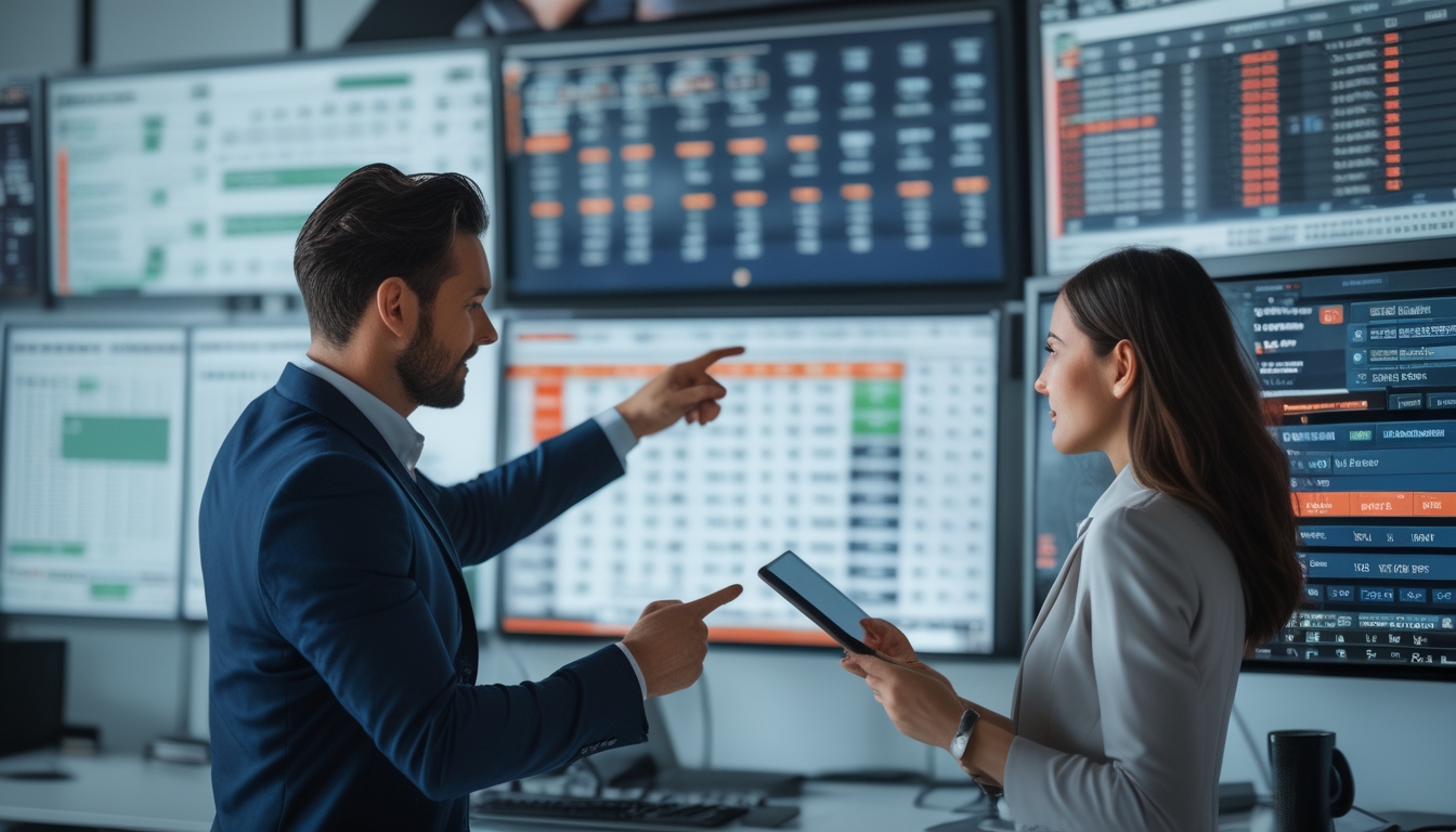 Seorang pria dan wanita berdiskusi serius di kantor modern dengan layar digital yang menampilkan statistik taruhan olahraga.