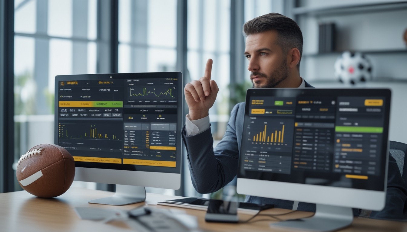 Seorang pria sedang menganalisis data pasar taruhan bola di depan beberapa layar komputer di kantor modern.