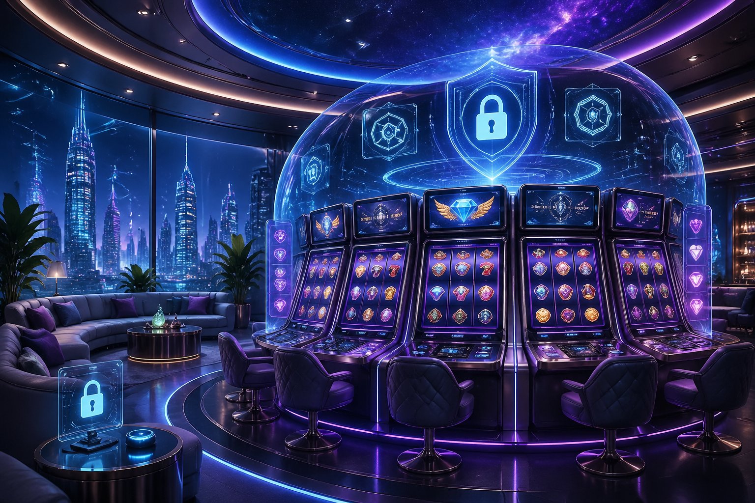 Sebuah lingkungan kasino digital futuristik dengan mesin slot holografik dan area lounge nyaman yang menonjolkan keamanan dan kenyamanan pengguna.