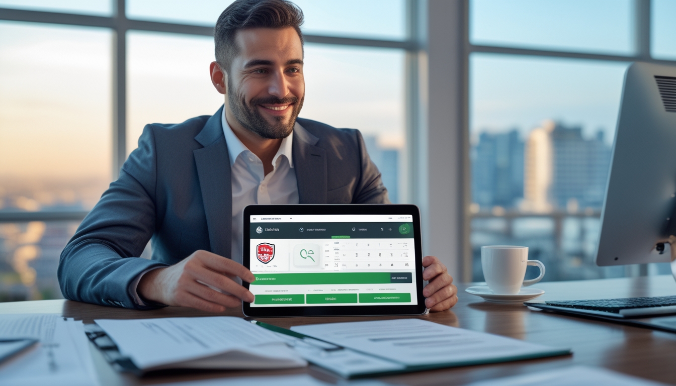 Seorang pria bisnis di kantor modern sedang menggunakan tablet yang menampilkan platform taruhan sepak bola dengan simbol keamanan, di latar belakang terlihat pemandangan kota.