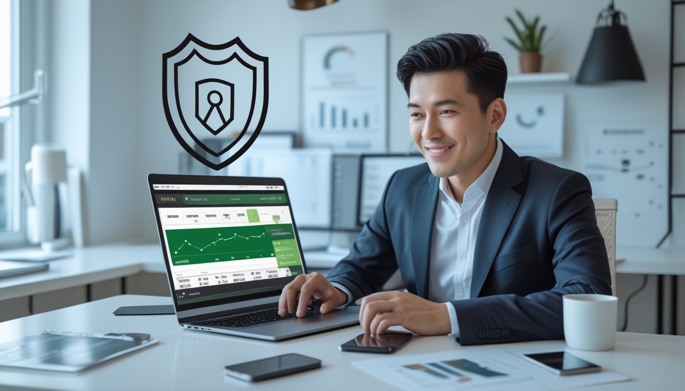 Seorang pria Asia Tenggara duduk di meja kantor modern menggunakan laptop dengan tampilan situs judi bola online, dikelilingi simbol keamanan dan suasana profesional.