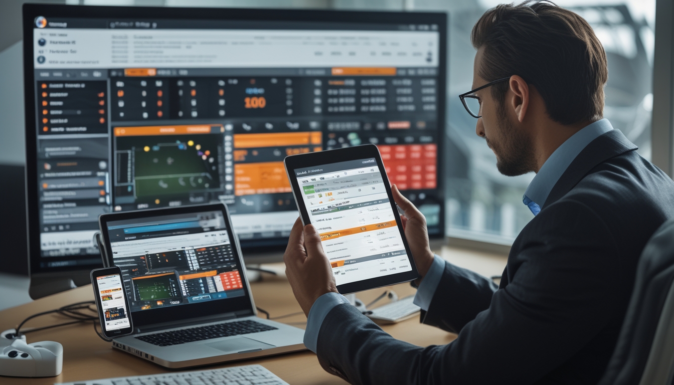 Seorang pria bisnis sedang menganalisis peluang taruhan sepak bola menggunakan beberapa perangkat digital di kantor modern.