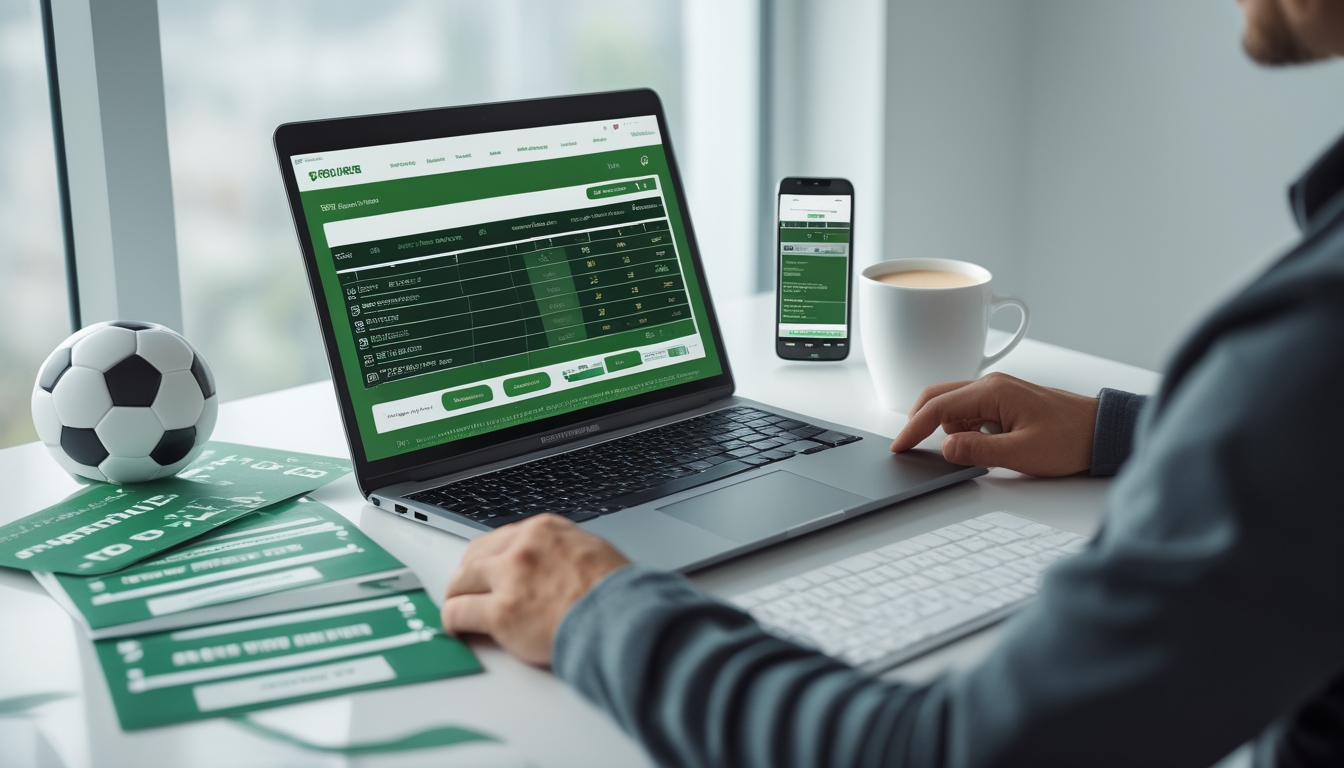 Seorang pria di meja kerja dengan laptop yang menampilkan pertandingan sepak bola dan peluang taruhan, dikelilingi bola sepak, slip taruhan, dan ponsel dengan aplikasi taruhan.