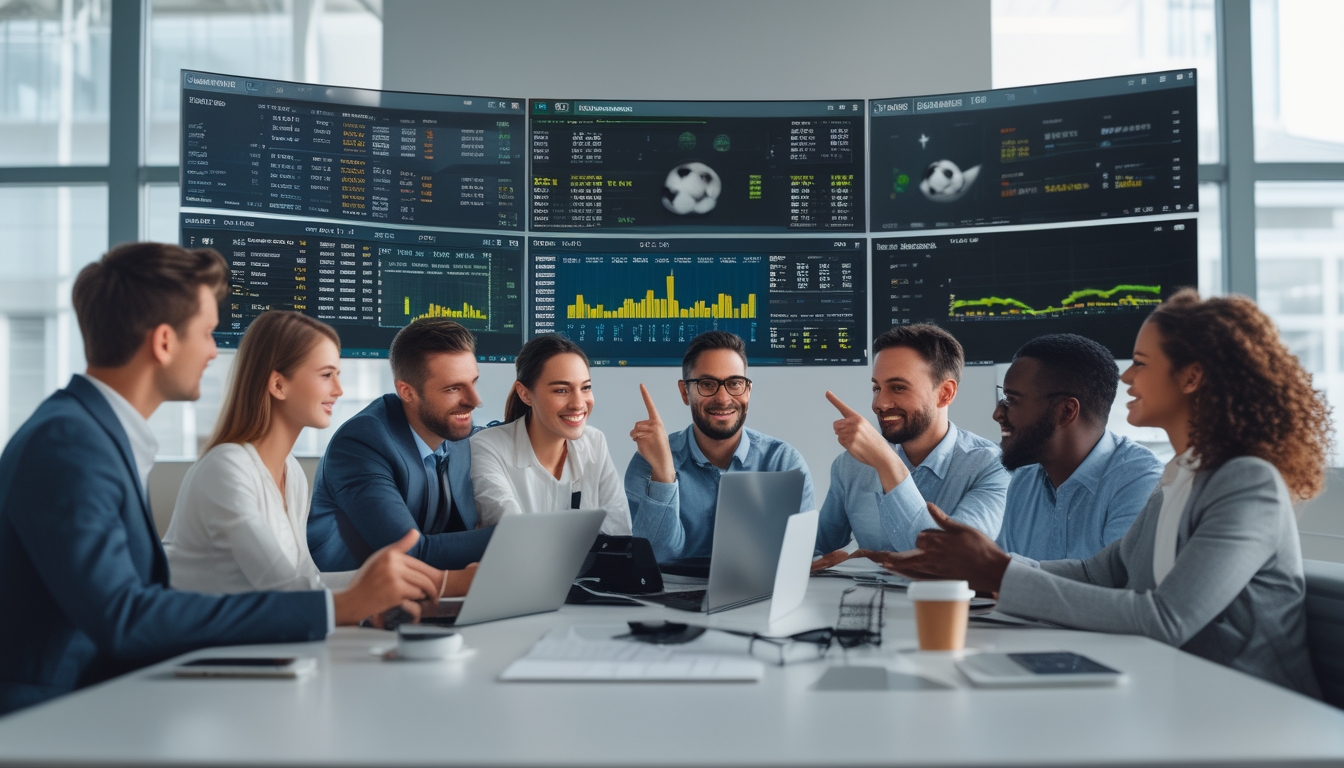 Sekelompok orang sedang berdiskusi di ruang kantor dengan layar menampilkan data taruhan bola.
