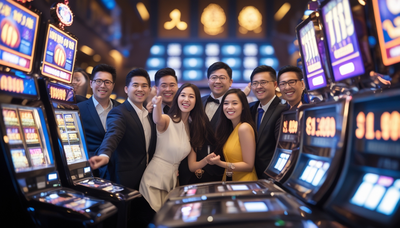 Sekelompok orang merayakan kemenangan di kasino dengan mesin slot dan meja permainan, dengan latar belakang arsitektur Macau yang terlihat melalui jendela besar.