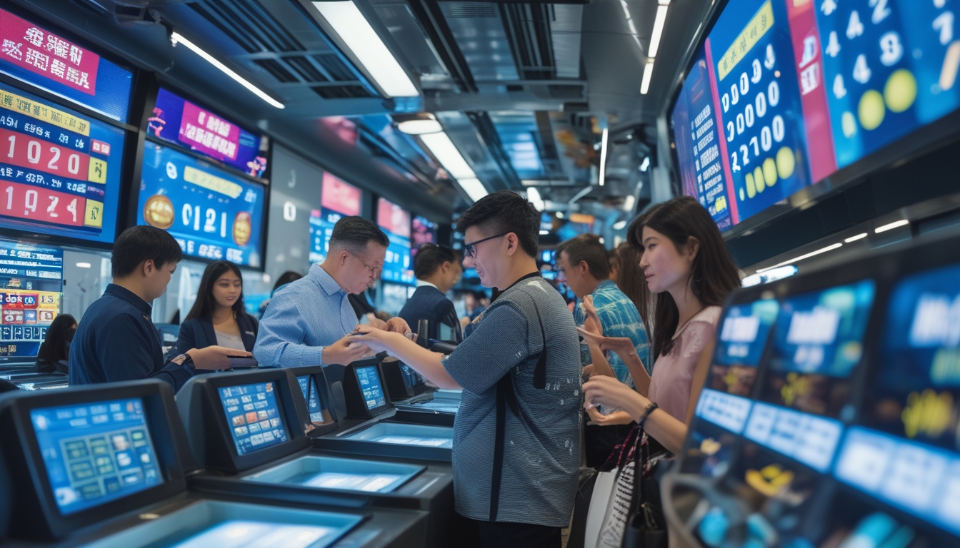 Orang-orang di pusat taruhan Macau menggunakan terminal digital dengan layar menampilkan angka jackpot warna-warni.
