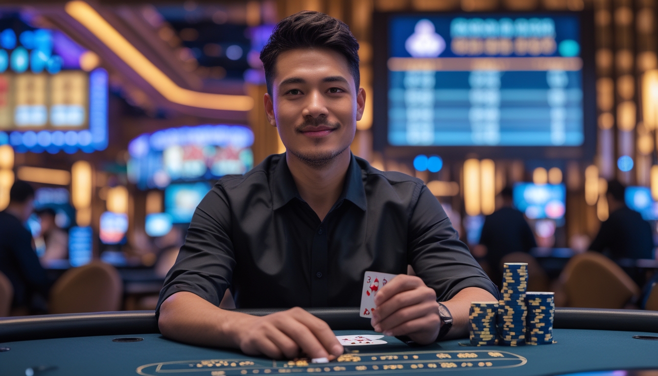 Seorang pria duduk di meja permainan kasino di Macau dengan kartu dan tumpukan chip, fokus dan tersenyum kecil, dikelilingi lampu kasino dan layar digital.