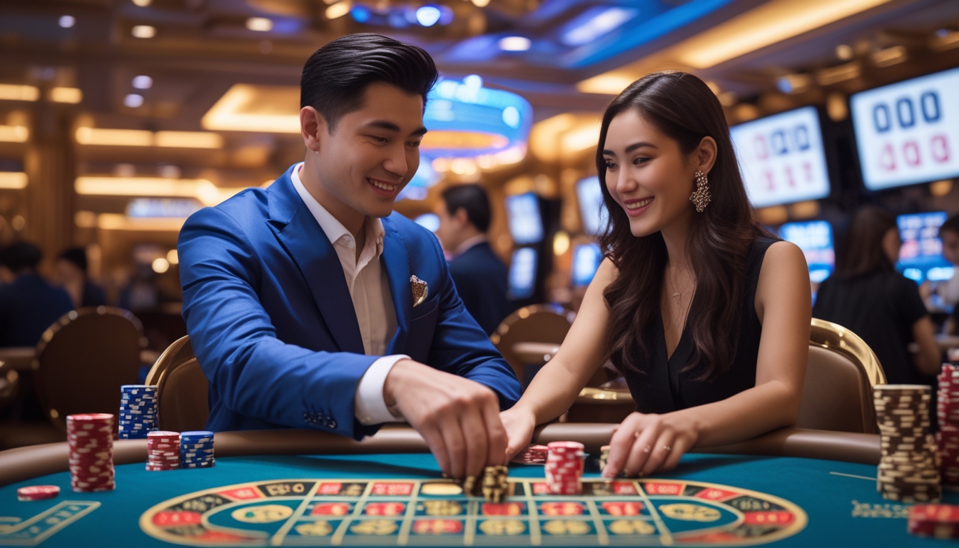 Seorang pria dan wanita Asia yang berpakaian rapi sedang bermain di meja kasino yang mewah dengan chip dan roda roulette, dikelilingi oleh suasana kasino yang elegan.