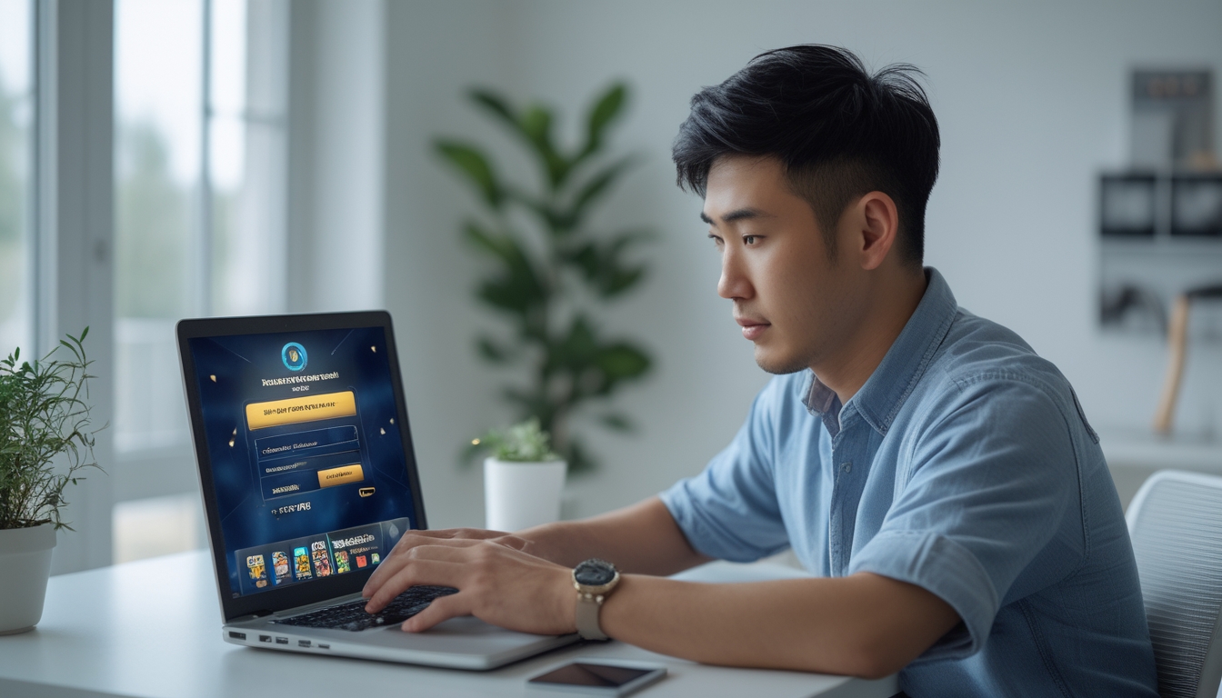 Seorang pria muda sedang duduk di meja kerja menggunakan laptop untuk proses registrasi dan verifikasi akun.