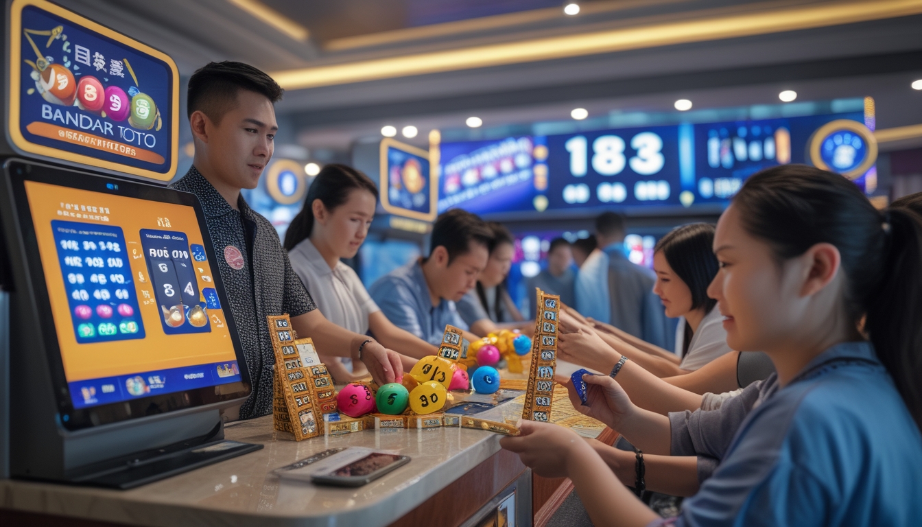Orang-orang memilih angka pada tiket lotre di sebuah konter dengan latar belakang gedung ikonik Macau dan suasana penuh semangat menantikan hadiah besar.