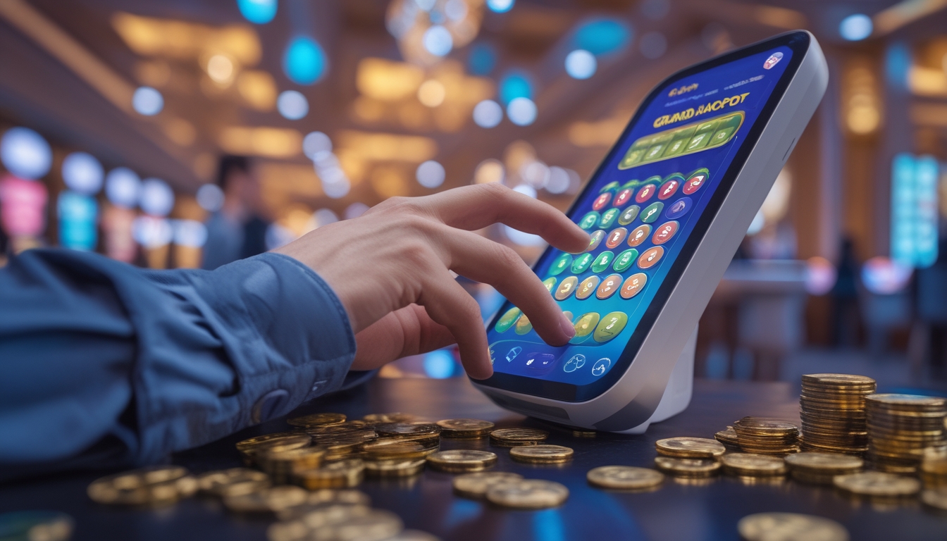 Tangan seseorang sedang memilih angka di layar sentuh digital dengan latar belakang suasana kasino yang ramai dan dekorasi elegan.