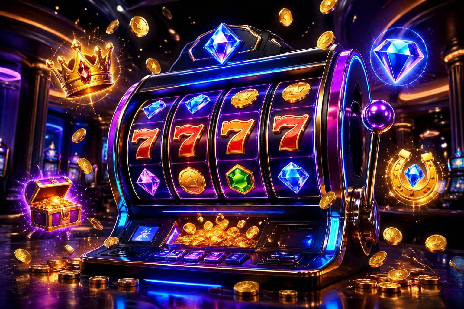 Mesin slot online futuristik dengan lampu neon berwarna cerah dan koin berkilauan yang melambangkan bonus besar.
