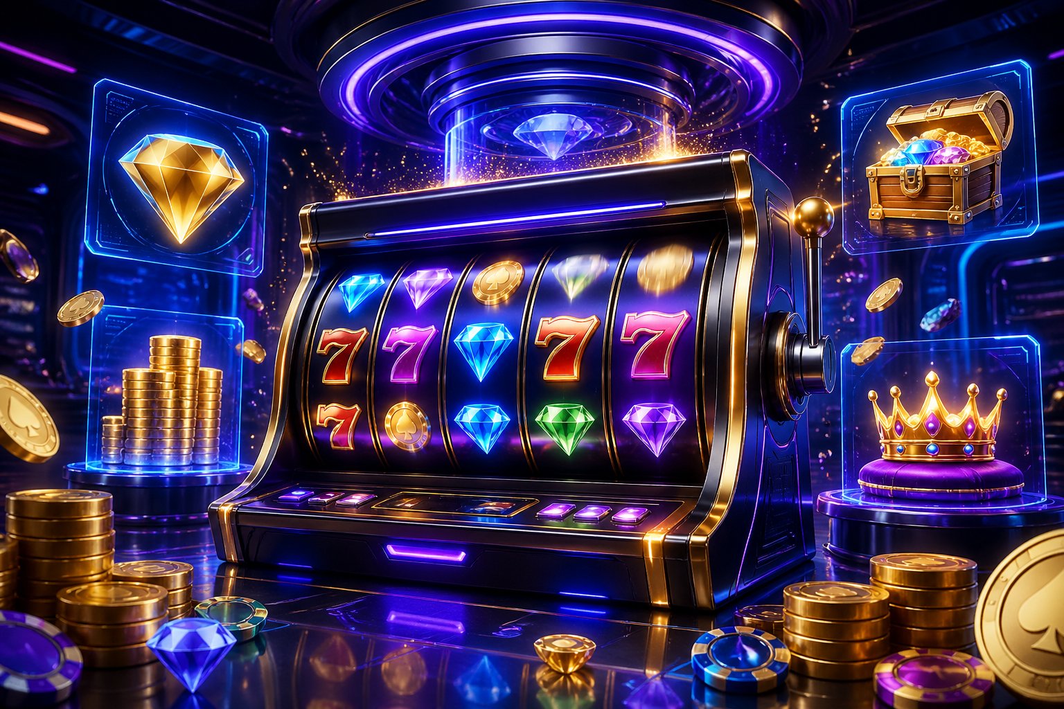 Sebuah mesin slot digital besar dengan simbol berwarna-warni dan ikon bonus mengambang di lingkungan kasino futuristik.