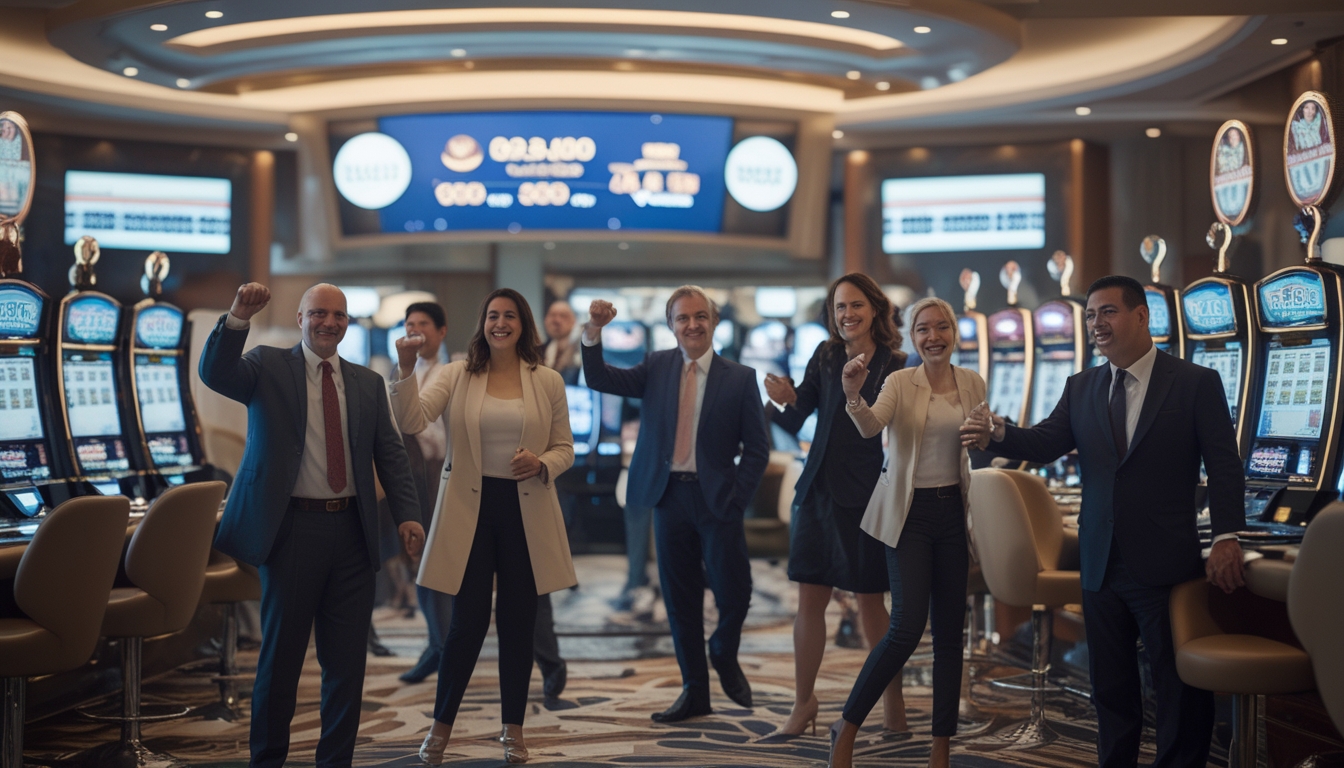 Orang-orang sedang bermain mesin slot di kasino modern dengan suasana cerah dan latar belakang gedung-gedung ikonik Macau.