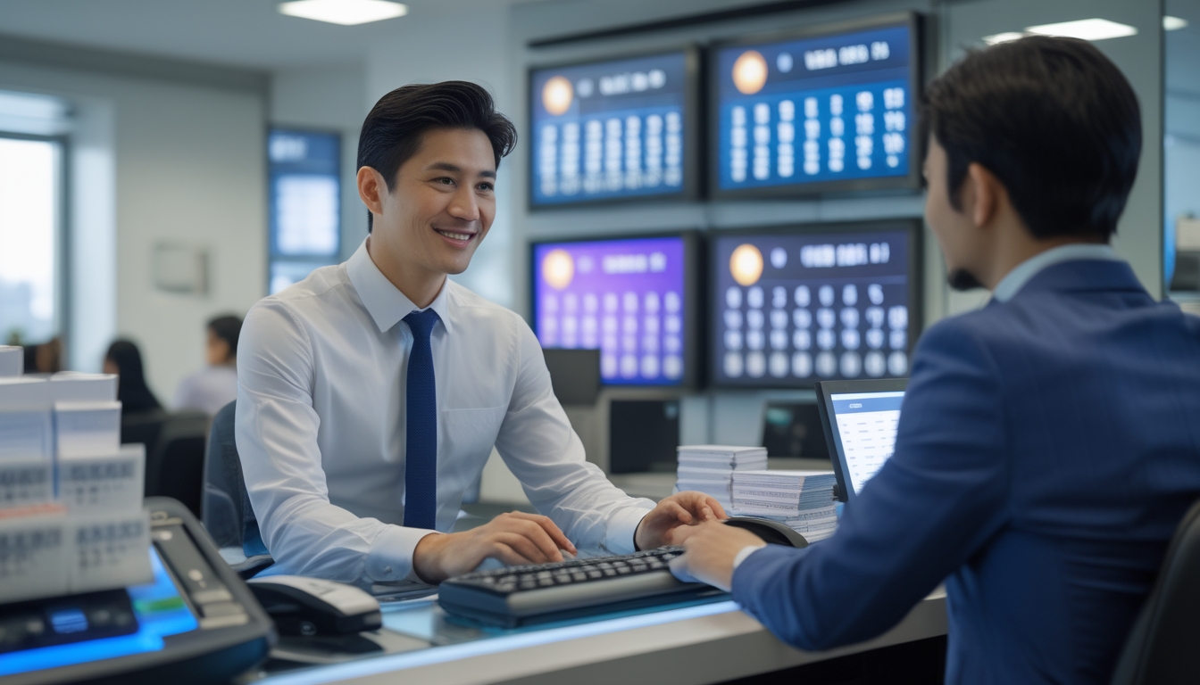 Seorang pria Asia duduk di meja permainan toto dengan layar digital menampilkan angka lotre di latar belakang dalam ruangan kantor yang terang dan rapi.