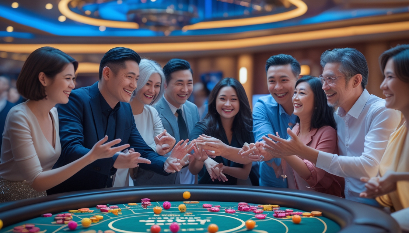 Sekelompok orang dewasa yang bahagia merayakan kemenangan besar di dalam kasino dengan meja permainan dan bola lotere di latar belakang.