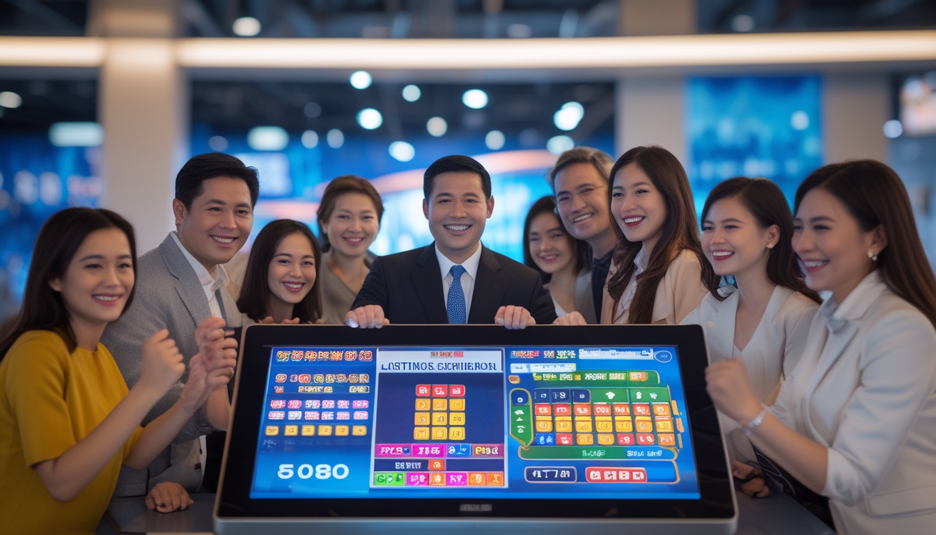 Sekelompok orang dewasa yang bahagia berkumpul di sekitar terminal taruhan digital dengan latar belakang bangunan ikonik Macau.