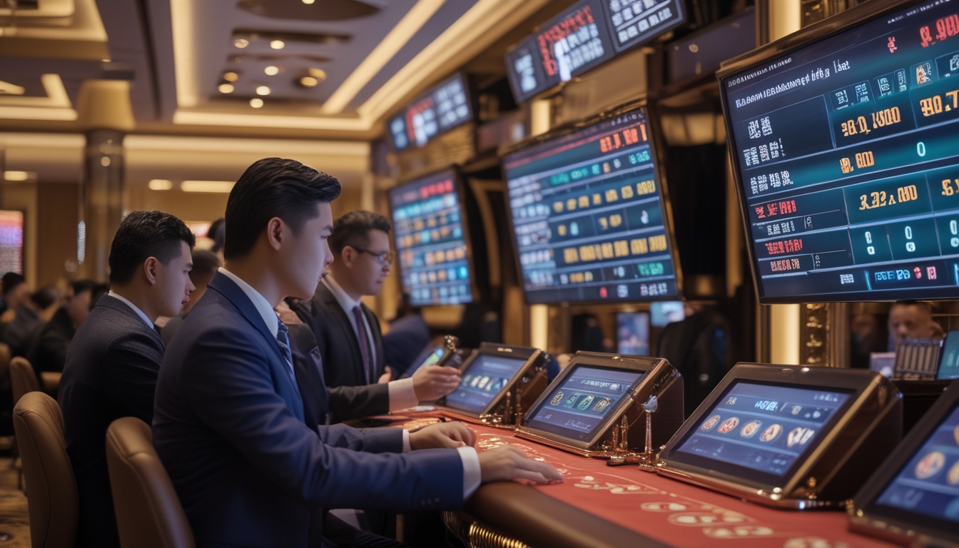 Suasana kasino modern di Macau dengan orang-orang yang memasang taruhan di area taruhan yang elegan dan layar digital menampilkan berbagai pilihan taruhan.
